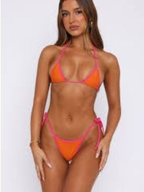 Orange & Pink Triangle Tie Bikini Top and Bottom - Women Swim
